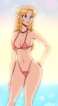 1girl alluring beach bikini blonde_hair blue_eyes breasts cleavage earrings female_only grin hylian jewelry long_hair necklace nintendo pointy_ears princess_zelda scorpdk smile standing swimsuit the_legend_of_zelda thighs zelda_(a_link_between_worlds)