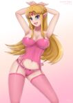  1girl alluring bare_shoulders big_breasts blonde_hair blue_eyes bow_panties breasts cleavage corset female_only fishnet_legwear fishnets garter_belt garter_straps hands_behind_head lace-trimmed_panties lingerie long_hair nintendo pink_corset pink_lingerie pink_panties pointy_ears princess_zelda solo_female stockings the_legend_of_zelda tiara voluptuous zelc-face zelda_(a_link_between_worlds) 