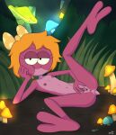  1girl amphibia amphibian atfbooru bow clitoral_hood clitoris completely_nude female_masturbation female_only flat_chested furry glowing_mushroom grass head_on_hand lying_on_back masturbating masturbation mushroom nipples nocunoct nude on_side opening_pussy orange_hair polly_plantar short_hair small_breasts smug spread_legs spread_pussy 