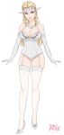 1girl alluring big_breasts blonde_hair blue_eyes breasts cleavage elbow_gloves garter_straps high_heels jewelry leotard lingerie nintendo ocarina_of_time princess_zelda r3dfive stockings super_smash_bros_melee the_legend_of_zelda thigh_gap triforce_earrings underwear voluptuous