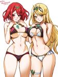  2_girls alluring bangs big_breasts blonde_hair blush breasts chest_jewel cleavage earrings gem headpiece jewelry long_hair looking_at_viewer mina_cream minacream multiple_girls mythra nintendo pyra red_hair short_hair smile super_smash_bros. swept_bangs tiara very_long_hair voluptuous xenoblade_(series) xenoblade_chronicles_2 yellow_eyes 