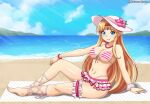  1girl a_link_between_worlds alluring beach bikini blonde_hair blue_eyes bracelet breasts fully_clothed hat insanely_hot light-skinned_female light_skin lipstick long_hair looking_at_viewer nintendo patdarux patdarux_dream pointy_ears princess_zelda the_legend_of_zelda voluptuous zelda_(a_link_between_worlds) 