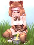 1girl 1girl absurd_res brown_eyes brown_hair bucket headband high_res kemono_friends kodiak_bear_(kemono_friends) lifted_by_self looking_to_the_side no_panties outside peeing pussy skirt skirt_lift squatting y-san_(yoshino_yuuri)