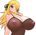 1girl areola areolae blonde_hair blue_eyes blush breasts cleavage cynthia_(pokemon) erect_nipples hair_ornament hair_over_one_eye halubato harubato huge_breasts humans_of_pokemon lingerie long_hair nintendo nipples pokemon see-through shirona_(pokemon) smile solo underwear