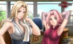 big_breasts blonde_hair brown_eyes curvaceous fair-skinned_female female_only forehead_jewel haori kunoichi leaf_village medium_breasts naruto naruto_shippuden necroxxx red_fingernails red_toenails sakura_haruno tsunade