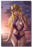 1girl alluring beach big_breasts bikini blonde_hair blue_hair blush breasts cleavage curvaceous curvy detailed_background earrings hips hyrule_warriors jewelry logan_cure looking_back nintendo princess_zelda purple sling_bikini the_legend_of_zelda thick voluptuous water wide_hips zelda_(hyrule_warriors)