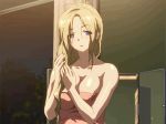  1girl animated animated_gif areola_slip areolae big_breasts blonde_hair blue_eyes blush bouncing_breasts breasts cleavage game_cg gif kamimura_akiko milf naked_towel nipple_slip sisters_~natsu_no_saigo_no_hi~ smile towel 