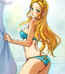 1girl alluring ass blonde_hair blue_bra blue_lingerie blue_panties blush bra breath_of_the_wild demigoddess earrings female_only hylian lingerie long_hair mina_cream minacream neckband nintendo panties pointy_ears princess princess_zelda royalty the_legend_of_zelda triforce_panties voluptuous zelda_(breath_of_the_wild)