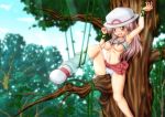  1girl bdsm blue_(pokemon) blush bondage bound breasts brown_hair embarrassed entangled ossannoa panties pokemon restrained tangled tree underwear vines wardrobe_malfunction yellow_eyes 