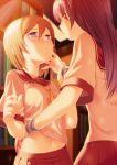 2girls blonde_hair blush bookshelf eye_contact hand_on_another's_face hand_under_clothes hand_under_shirt highres kiss long_hair looking_at_another midriff multiple_girls navel open_mouth orange_hair original purple_eyes purple_hair saliva saliva_trail school_uniform serafuku shirt shirt_lift short_hair skirt sunset yellow_eyes yuri zpolice