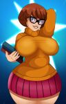 1girl 1girl alternate_version_available arm_behind_head bangs big_breasts big_breasts blue_background blush breasts brown_eyes brown_hair chubby clothed clothed_female clothing female_focus female_only freckles glasses grin grin hair hanna-barbera high_res high_res holding_book holding_object light-skinned_female light_skin long_sleeves looking_at_viewer nipple_outline scooby-doo short_hair simple_background skirt smile solo_female solo_focus sonson-sensei standing sweater tagme teen thick_thighs turtleneck velma_dinkley wide_hips