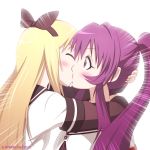 2girls blonde_hair blush bow closed_eyes hair hair_bow hug kei-suwabe kiss long_hair multiple_girls ponytail purple_hair sugiura_ayano toshinou_kyouko yuri yuru_yuri