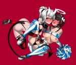 2_girls absurd_res angel_and_devil azazel_(helltaker) blue_eyes blush breasts cheerleader choker demon_girl demon_tail devil_and_angel female_only gaak gaak11977 halo helltaker high_res horns looking_at_viewer loremaster_(helltaker) multiple_girls red_background red_eyes tail white_hair