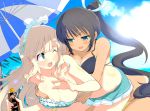 2girls :d ;o aqua_bikini aqua_eyes bangs beach beach_umbrella bent_over bikini bikini_skirt bikini_tan black_bikini black_hair blonde_hair blue_eyes blush bottle breast_grab breasts cleavage cloud day eye_contact frilled_bikini frills grabbing grabbing_from_behind groping hair_ornament hair_ribbon hairclip half-closed_eyes high_ponytail holding homura_(senran_kagura) large_breasts lens_flare long_hair long_ponytail looking_at_another lotion maid_headdress multiple_girls naughty_face ocean official_art one_eye_closed open_mouth outdoors palm_tree parasol parted_bangs pleated_skirt ponytail raised_eyebrows ribbon ribbon_trim senran_kagura senran_kagura_(series) sidelocks skirt sky smile strap_slip sun sunscreen suntan_lotion surprised swimsuit tan tanline tree umbrella very_long_hair water wavy_hair wide-eyed wince yaegashi_nan yomi_(senran_kagura) yuri