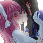 2girls akemi_homura bad_id black_hair blush bust closed_eyes couple french_kiss gloves hair hair_ribbon kaname_madoka kiss ko_ru_ri long_hair mahou_shoujo_madoka_magica multiple_girls mutual_yuri payot pink_hair ribbon sidelocks two_side_up ultimate_madoka upper_body yuri