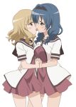  2girls blonde_hair blue_hair braid breasts eye_contact french_kiss furutani_himawari hairband hand_holding holding_hands interlocked_fingers kiss looking_at_another multiple_girls oomuro_sakurako school_uniform serafuku shirakawa_mayumi simple_background tongue tongue_out twin_braids white_background yuri yuru_yuri 