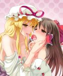 2girls bare_shoulders blonde_hair blue_eyes breasts brown_eyes brown_hair chin_grab cleavage detached_sleeves female french_kiss hair_tubes hakurei_reimu hand_on_another's_face hand_on_face hands_on_another's_face hat highres kiss long_hair multiple_girls open_mouth saliva saliva_trail tears tongue tongue_out topless touhou yakumo_yukari yellow_eyes yuri yuugiri