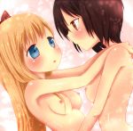  2girls black_hair blonde_hair blue_eyes blush bow breasts brown_eyes funami_yui hair_bow long_hair multiple_girls nipples open_mouth sa_ioio short_hair toshinou_kyouko you-1110 yuri yuru_yuri 