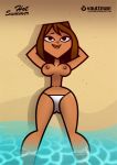 1girl arms_behind_head beach bikini black_eyes breasts brown_hair courtney_(tdi) dark_skin female_only freckles navel nipples ocean on_back shiny shiny_skin short_hair smile solo solo_female string_bikini topless total_drama_island vaultman water