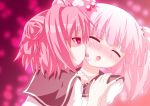  2girls akaza_akari blush bust closed_eyes double_bun empty_eyes hair kagerou_(kers) kers licking multiple_girls pink_eyes pink_hair saliva school_uniform short_hair tongue tongue_out twintails upper_body yoshikawa_chinatsu yuri yuru_yuri 