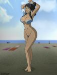 1girl armpits arms_behind_head avatar:_the_last_airbender beach big_breasts bikini black_hair blue_bikini blue_swimsuit breasts dark-skinned_female female_only korra legs nickelodeon ocean ponytail pose posing sensual smile swimsuit the_legend_of_korra the_legend_of_korra* thighs thong_bikini water xcdeviant