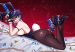 1girl ass bayonetta bayonetta_(character) bayonetta_2 big_ass black_hair bunny_ears bunny_tail bunnysuit clothed_female crystalsugarstars earrings female_focus female_only fishnet_pantyhose glasses grin high_heels high_res looking_at_viewer lying lying_on_stomach mature mature_female mole mole_under_mouth pantyhose red_lipstick short_hair side_view sideboob smiling_at_viewer solo_female solo_focus tagme teeth_showing video_game_character video_game_franchise