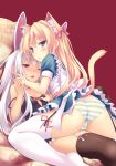  2girls animal_ears aqua_eyes ass black_legwear blonde_hair blush breast_grab breasts bunny_ears cameltoe cat_ears cat_tail garter_straps grabbing looking_at_viewer lying multiple_girls on_back original panties purple_eyes ryo_(artist) ryo_(botsugo) silver_hair striped striped_panties tail thighhighs underwear white_legwear yuri 