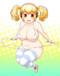 1girl belly bikini blonde_hair braid breasts cleavage headphones huge_breasts jump_rope long_hair midair navel nitroplus plump red_eyes shoes side-tie_bikini smile sneakers solo soubee1 striped striped_legwear super_pochaco swimsuit thighhighs twin_braids