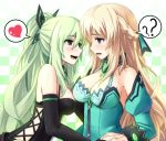 2_girls 2girls ? ?? bare_shoulders big_breasts black_dress blonde_hair blue_dress blue_eyes blush bra braid breasts checkered checkered_background choujigen_game_neptune cleavage detached_collar detached_sleeves dress eye_contact female female_only gayprince gem green_hair hair_ornament hakozaki_chika half_updo hand_holding happy heart high_res hug hugging incipient_kiss interlocked_fingers long_hair looking_at_another love multiple_girls open_mouth ponytail red_eyes shy smile speech_bubble spoken_heart sweat vert yuri