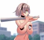 baseball baseball_bat breast_press breasts exhibitionism heart_pasties huge_breasts nude pasties short_hair sweatdrop virgosdf white_hair