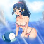  1girl arm arms art artist_request babe bare_legs bare_shoulders beach big_breasts bikini blue_eyes blue_hair blush breasts cleavage closed_eyes cloud collarbone dawn female hair hair_ornament happy hikari_(pokemon) large_breasts leaning leaning_forward legs long_hair looking_at_viewer midriff neck nintendo open_mouth pink_bikini pink_swimsuit piplup pokemon pokemon_(anime) pokemon_(game) pokemon_dppt ponytail ribbon rock scrunchie sky smile standing stone strapless strapless_bikini strapless_swimsuit sunlight swimsuit tubetop water wet 