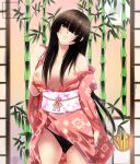 1girl absurd_res absurdres bare_shoulders black_panties blush breasts brown_hair female high_res highres houraisan_kaguya japanese_clothes kimono long_hair ngirln4 nipples obi off_shoulder panties pubic_hair red_eyes sash solo touhou underwear yagokoro