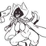 1girl aliasing animal_ears arc_system_works black_and_white blazblue breasts cat_ears cat_tail catgirl cleft_of_venus erection half_naked hanging_breasts hood large_breasts lowres monochrome noill penis pussy saliva sharp_teeth simple_background squatting tail taokaka tongue tongue_out twin_braids uncensored vagina white_background