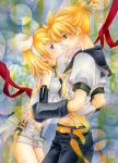 1boy 1girl aoi_yuuka_(ao_no_kokoro) belt blonde_hair blue_eyes blush bow brother_and_sister buckle elbow_gloves gloves incest incipient_kiss kagamine_len kagamine_rin short_hair shorts siblings twincest twins vocaloid yukaxcat