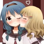  2girls blonde_hair blue_hair braid brown_eyes cheek_kiss closed_eyes furutani_himawari hair hair_ornament hairband hairclip heart kiss multiple_girls oomuro_sakurako school_uniform serafuku taiki_ken twin_braids wince yuri yuru_yuri 