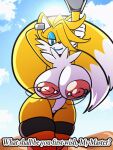 1girl 2022 3:4 anthro areola big_breasts bouncing_breasts breasts canid canine clothing cloud crossgender dipstick_tail english_text eyeshadow fox front_view genderswap genitals gif huge_breasts legwear looking_at_viewer loop makeup mammal markings miles_"tails"_prower millie_tailsko mtf_crossgender nipple_piercing nipples outside piercing pussy sachasketchy sega short_playtime sonic_the_hedgehog_(series) tail_markings text