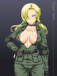 1girl areola_slip areolae belt big_breasts blonde_hair breasts choker cleavage covered_nipples erect_nipples female female_soldier fingerless_gloves gloves green_eyes hair_over_one_eye hand_on_hip konami large_breasts long_hair metal_gear_(series) metal_gear_solid military military_uniform nipple_slip nipples no_bra shikuta_maru sniper_wolf soldier solo uniform unzipped