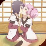  2girls black_hair blush closed_eyes funami_yui hair hand_holding interlocked_fingers kiss multiple_girls peeping pink_hair school_uniform short_hair sillabub twintails yoshikawa_chinatsu yuri yuru_yuri 