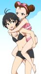  2_girls 2girls alternate_hairstyle antenna_hair bikini black_hair brown_hair double_bun flat_chest hairband idolmaster kidachi kikuchi_makoto minase_iori multiple_girls navel piggyback purple_eyes short_hair shorts silver_eyes sky swimsuit 