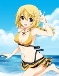 1girl beach bikini bikini_skirt blonde_hair braid breasts charlotte_dunois cleavage infinite_stratos long_hair navel ocean purple_eyes solo swimsuit water waving yamaki_suzu