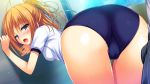  1boy 1girl against_wall ahoge ass bent_over blue_eyes buruma cameltoe erection_under_clothes game_cg gym_uniform hair_ribbon high_res kizuna_(reminisence) open_mouth orange_hair panties pantyshot ponytail reminiscence ribbon striped striped_panties sweatdrop tigre tomose_shunsaku underwear 