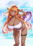 1girl :d ahoge ark_survival_evolved bikini braid breasts cleavage dark-skinned_female dark_skin dragon_girl dragon_horns dragon_tail fang hairband high_resolution hololive horns huge_breasts kiryuu_coco kiyama_satoshi long_hair looking_at_viewer monster_girl open_mouth orange_hair red_eyes smile swimsuit tail thigh_strap tied_hair v very_high_resolution very_long_hair virtual_youtuber white_bikini white_swimsuit