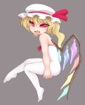 1girl bare_shoulders blonde_hair bodysuit fang female flandre_scarlet grey_background hat hat_ribbon high_res highres noise open_mouth red_eyes ribbon short_hair side_ponytail simple_background smile solo touhou white_legwear wings