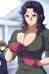  1girl 2_girls 2girls black_hair breast_envy breasts brown_eyes brown_hair bursting_breasts center_opening cleavage collarbone envy ginga_kikoutai_majestic_prince gloves huge_breasts jumpsuit kugimiya_kei large_breasts long_hair majestic_prince multiple_girls purple_eyes red_gloves reika_saionji saionji_reika_(majestic_prince) sleeves_rolled_up tyotyotyori violet_eyes 