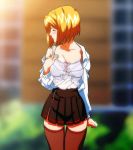  1girl animated animated_gif anime blonde_hair blush bra erogos gif love_fetish maki_daikichi orito_miku outdoors panties sai_tamako short_hair thighhighs unbuttoned underwear undressing 