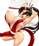 1girl alluring big_breasts bouncing_breasts breasts covered_nipples erect_nipples fan fatal_fury king_of_fighters large_breasts ml no_bra open_mouth ponytail shiranui_mai simple_background smile snk solo voluptuous white_background wink