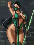 1girl alluring alternative_body_build artist_logo bracelet breasts cleavage detailed_background female_abs flowerxl gloves green_clothing green_eyes green_hair hair_ribbon hand_behind_head jade_(mortal_kombat) light-skinned_female long_hair looking_at_viewer midway_games mortal_kombat shoes thick_thighs thunder_thighs