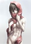 1girl abs bare_shoulders black_eyes black_hair breasts dnlin female grey_background hair_between_eyes half-closed_eyes hands head_tilt looking_at_viewer mikasa_ackerman mound_of_venus naked_scarf navel nude sad scarf scarf_over_mouth shingeki_no_kyojin short_hair simple_background solo standing toned