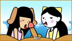 1boy 2_girls 2girls animated black_hair blush closed_eyes fellatio gif hair long_hair male/female minus8 multiple_girls nintendo open_mouth oral penis pov rhythm_heaven saliva sex text tongue uncensored