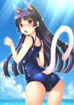 1girl animal_ears ass beach blush cat_ears cat_tail cloud female from_behind gokou_ruri hime_cut in_heat long_hair looking_back mikamin mole one-piece_swimsuit open_mouth ore_no_imouto_ga_konna_ni_kawaii_wake_ga_nai paw_pose purple_hair red_eyes school_swimsuit sky solo sparkle swimsuit tail tongue very_long_hair